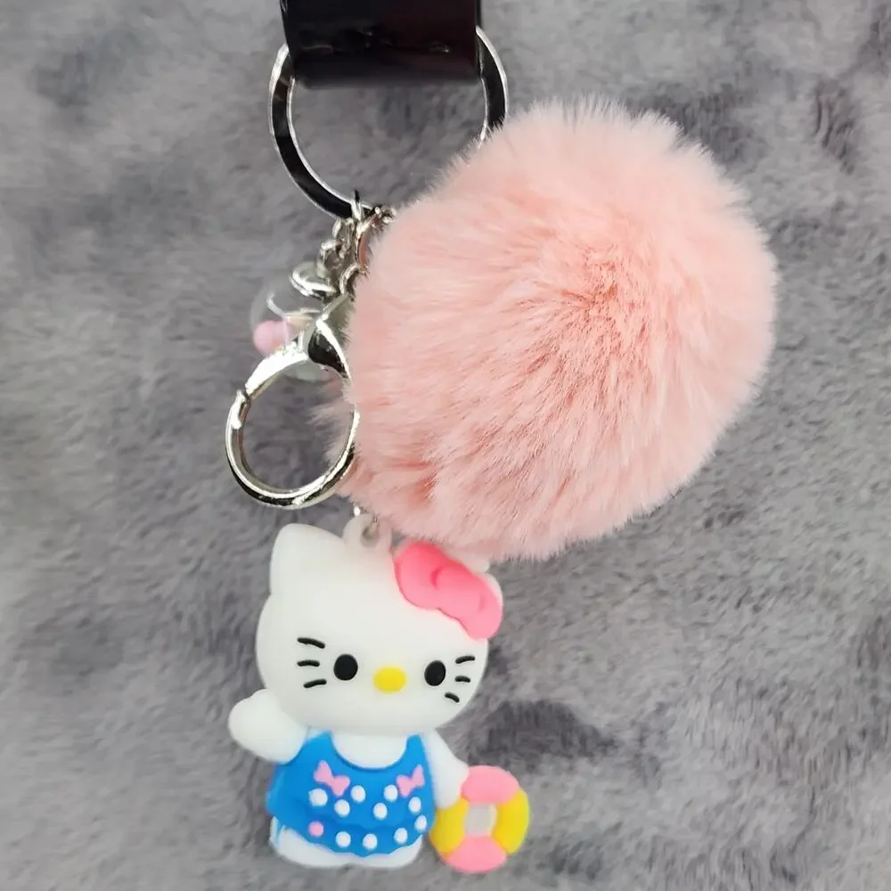 Hello Kitty 3D Figure Keychain, puff ball & mini bead filled bubble Blue & Peach